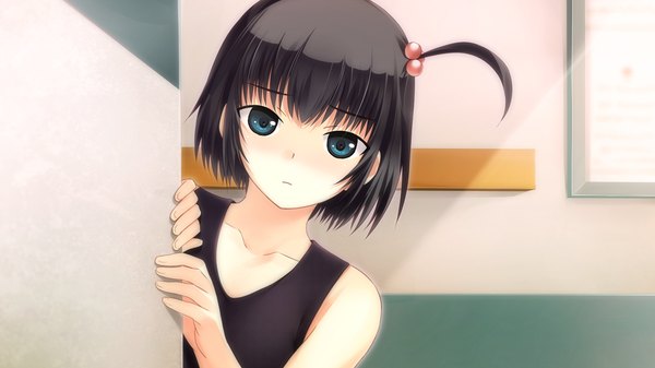 Anime picture 1024x576 with tokyo babel short hair blue eyes black hair wide image game cg one side up girl hair ornament hair tie hair bobbles