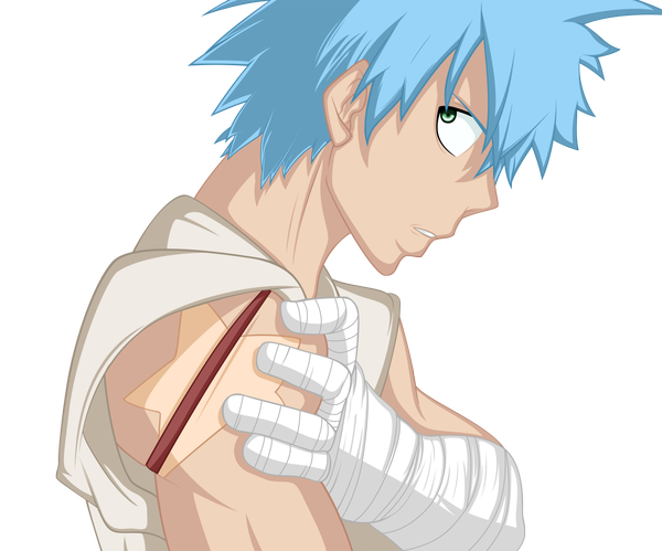 Anime picture 1763x1467 with soul eater studio bones black star molyneux93 single highres short hair green eyes blue hair profile tattoo coloring transparent background spiked hair boy star (symbol) bandage (bandages)