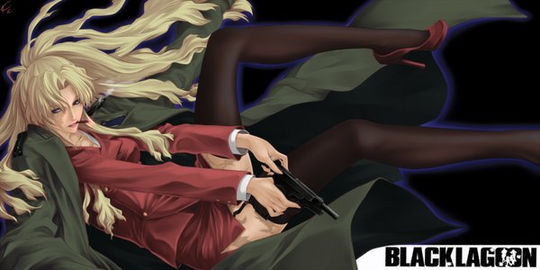 Anime picture 1500x750 with black lagoon madhouse balalaika (black lagoon) fenrir (fenlil0316) fenriru single long hair blonde hair wide image inscription high heels text mouth hold scar smoke english clothes on shoulders smoking girl thighhighs