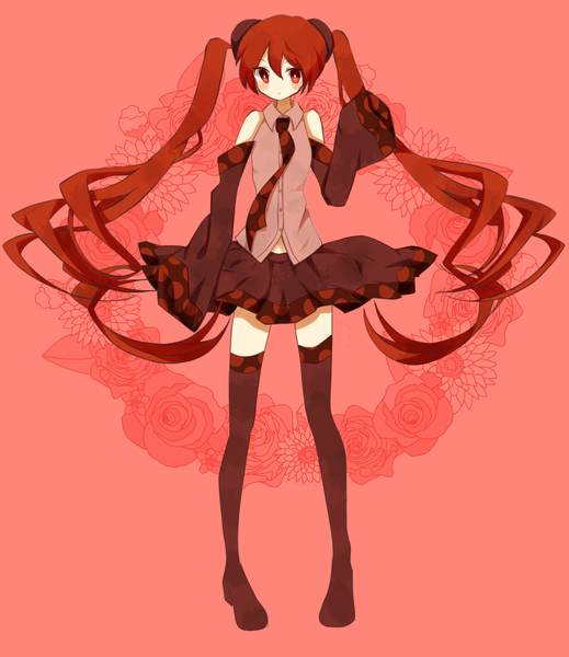Anime picture 1200x1387 with vocaloid hatsune miku tall image looking at viewer red eyes twintails red hair very long hair red background alternate color girl thighhighs skirt detached sleeves necktie thigh boots