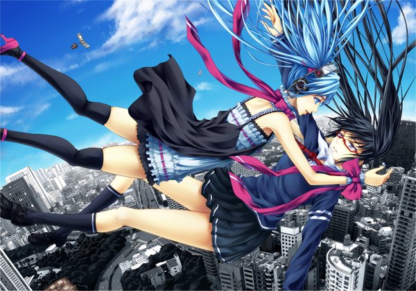 Anime picture 1488x1044 with vocaloid monochro blue sky (vocaloid) hatsune miku ihara natsume long hair blue eyes black hair twintails multiple girls blue hair city falling girl thighhighs skirt bow ribbon (ribbons) 2 girls miniskirt glasses