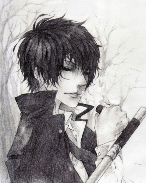 Anime picture 2216x2776 with katekyou hitman reborn hibari kyouya torinmo single tall image highres short hair open mouth black hair holding black eyes monochrome exhalation clothes on shoulders boy weapon plant (plants) shirt tree (trees) jacket