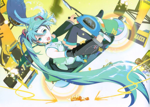 Anime picture 2954x2108 with vocaloid hatsune miku 119 single looking at viewer fringe highres open mouth blue eyes smile hair between eyes twintails full body very long hair :d from above aqua hair riding girl detached sleeves