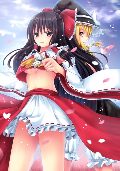 Anime picture 848x1200 with touhou hakurei reimu kirisame marisa toshi (1-147) long hair tall image light erotic black hair blonde hair multiple girls brown eyes cloud (clouds) traditional clothes black eyes midriff miko girl dress skirt bow