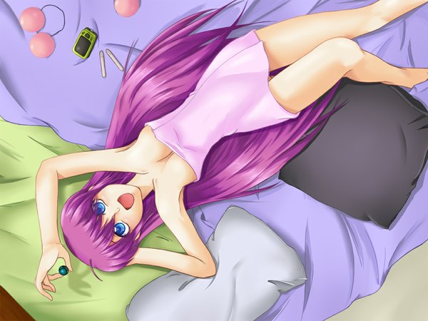 Anime picture 1024x768 with little busters! key (studio) saigusa haruka long hair blush breasts blue eyes light erotic smile pink hair purple hair naked towel hair ornament bed towel ichirou