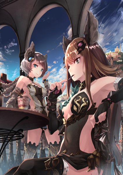 Anime picture 1416x2006 with granblue fantasy metera (granblue fantasy) sutera (granblue fantasy) saraki long hair tall image fringe short hair blue eyes light erotic smile brown hair sitting bare shoulders multiple girls green eyes animal ears sky cloud (clouds) profile