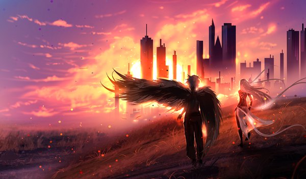 Anime picture 1504x883 with original ryky long hair short hair wide image standing sky silver hair cloud (clouds) full body wind from behind sunlight back city evening sunset cityscape angel wings black wings