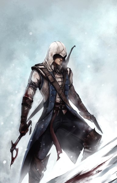 Anime picture 1024x1600 with assassin's creed (game) ratohnhaketon (connor) ninjatic single tall image snowing winter snow exhalation covering eye (eyes) boy weapon belt blood bow (weapon) axe