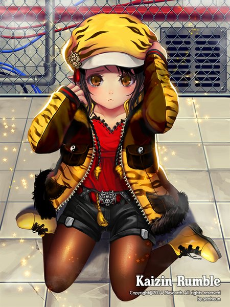 Anime picture 600x800 with original yeoheun single tall image looking at viewer blush short hair brown hair sitting brown eyes bent knee (knees) pointy ears open clothes open jacket tears kneeling hand on head girl pantyhose jacket