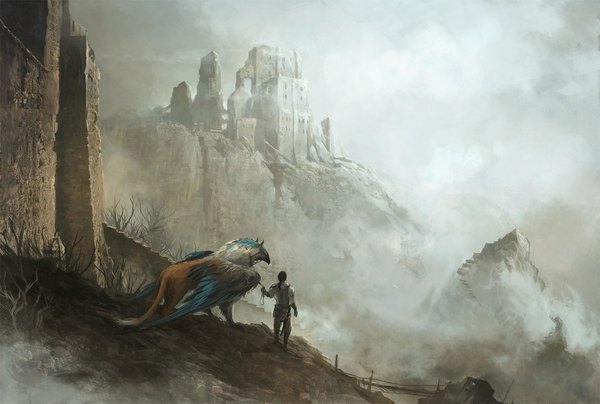 Anime picture 1150x775 with original sandara ruins rock fog boy sword wings castle bridge griffin