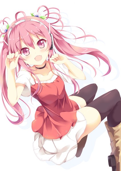 Anime picture 800x1131 with original nibiiro shizuka single long hair tall image looking at viewer blush open mouth simple background white background twintails pink hair pink eyes girl thighhighs dress black thighhighs boots headphones