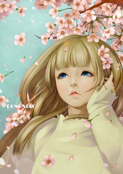 Anime picture 2480x3508 with original dong xiao single long hair tall image highres blue eyes blonde hair signed lips cherry blossoms girl flower (flowers) petals