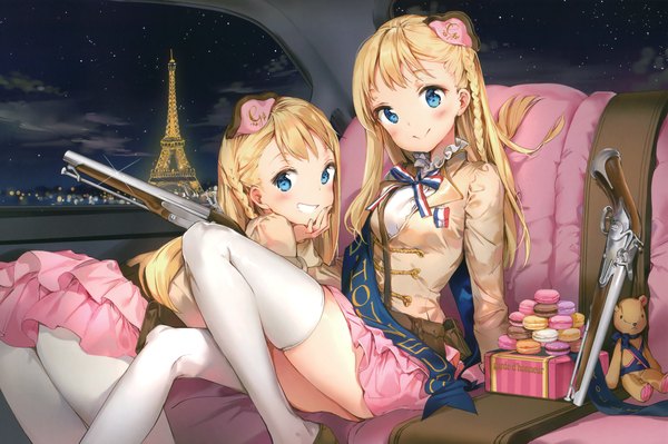 Anime picture 3896x2591 with original anmi long hair looking at viewer blush highres blue eyes light erotic blonde hair smile multiple girls absurdres cloud (clouds) braid (braids) head tilt pleated skirt scan night leaning zettai ryouiki