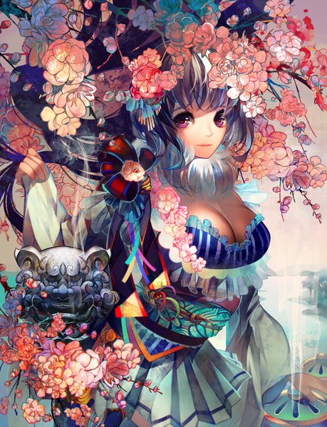 Anime picture 780x1020 with original fumoe single long hair tall image looking at viewer blue hair cleavage traditional clothes japanese clothes pink eyes cherry blossoms girl skirt flower (flowers) plant (plants) miniskirt tree (trees) branch statue