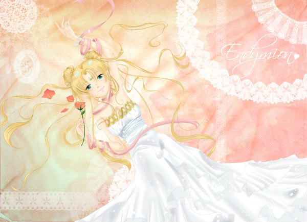 Anime picture 1403x1016 with bishoujo senshi sailor moon loriofpandora toei animation tsukino usagi princess serenity single blue eyes blonde hair twintails holding lying aqua eyes light smile crescent girl dress hair ornament flower (flowers) ribbon (ribbons) bracelet