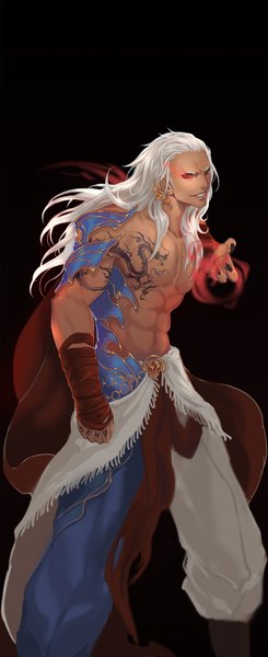 Anime picture 898x2200 with original quaanqin single long hair tall image smile red eyes white hair tattoo grin magic glowing black background topless muscle smirk boy earrings thigh boots bandage (bandages)