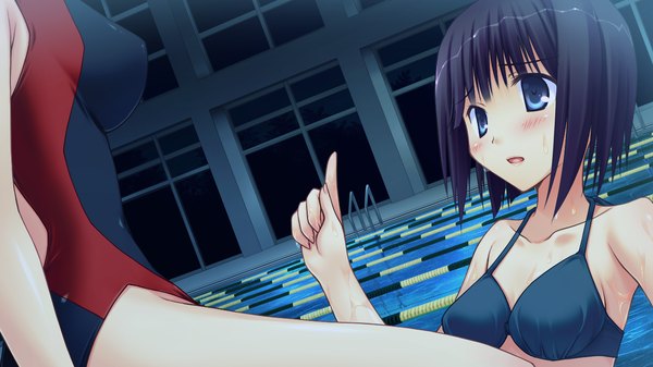 Anime picture 1280x720 with himitsu no otome blush short hair blue eyes light erotic black hair wide image game cg girl swimsuit bikini