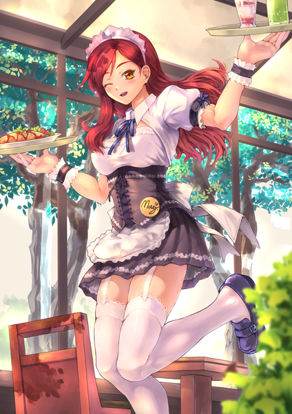 Anime picture 1200x1697 with original follen (639594) single long hair tall image looking at viewer blush open mouth red hair one eye closed wink maid orange eyes girl thighhighs uniform white thighhighs headdress maid headdress