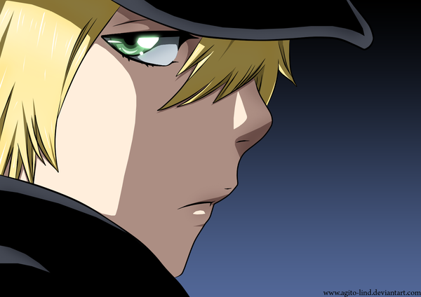 Anime picture 1485x1050 with bleach studio pierrot yukio hans vorarlberna aagito single fringe short hair simple background blonde hair green eyes profile hair over one eye coloring dark background close-up face boy flat cap
