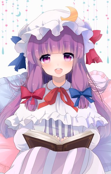 Anime picture 1208x1885 with touhou patchouli knowledge shiika yuno single long hair tall image looking at viewer blush fringe open mouth sitting purple eyes purple hair crescent girl dress bow hair bow pillow book (books)