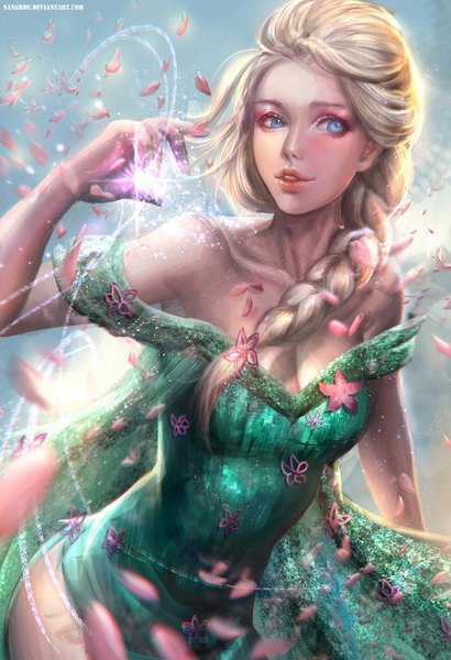 Anime picture 1500x2194 with frozen (disney) disney elsa (frozen) sangrde single long hair tall image blue eyes blonde hair bare shoulders looking away braid (braids) parted lips magic single braid girl dress flower (flowers) petals green dress