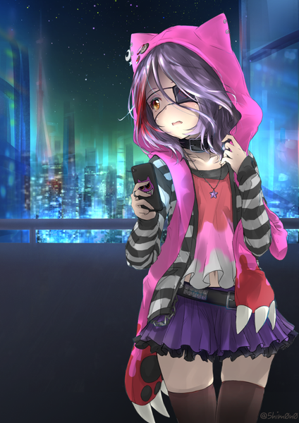 Anime picture 707x1000 with idolmaster idolmaster cinderella girls hayasaka mirei shimono (utapre) single tall image fringe short hair open mouth hair between eyes standing brown eyes signed animal ears looking away purple hair outdoors pleated skirt cat ears night