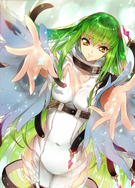 Anime picture 620x861 with code geass sunrise (studio) c.c. creayus single tall image looking at viewer fringe smile signed yellow eyes very long hair long sleeves green hair outstretched hand girl dress navel white dress