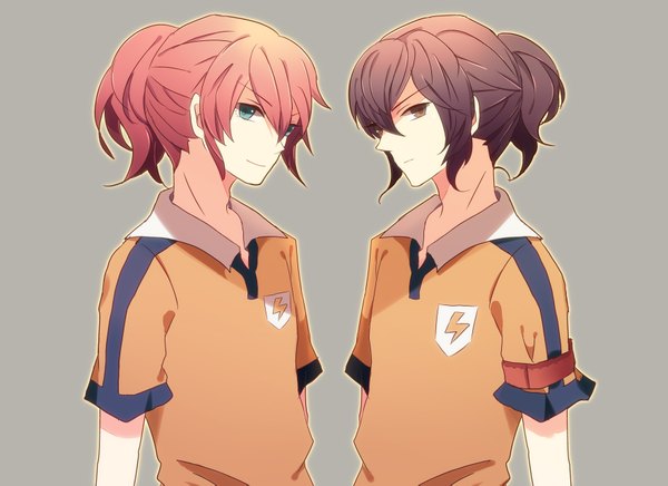 Anime picture 1754x1275 with inazuma eleven inazuma eleven go kirino ranmaru shindou takuto highres short hair blue eyes simple background smile brown hair brown eyes pink hair grey background multiple boys boy uniform 2 boys gym uniform