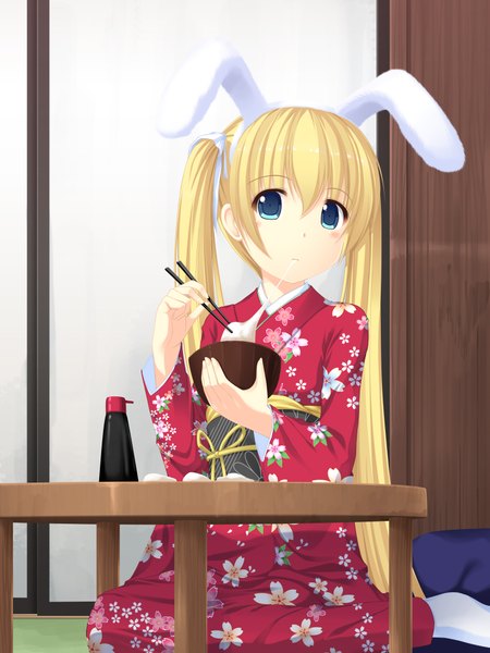 Anime picture 1500x2000 with original kageira single long hair tall image blue eyes blonde hair twintails japanese clothes bunny ears eating girl food kimono table