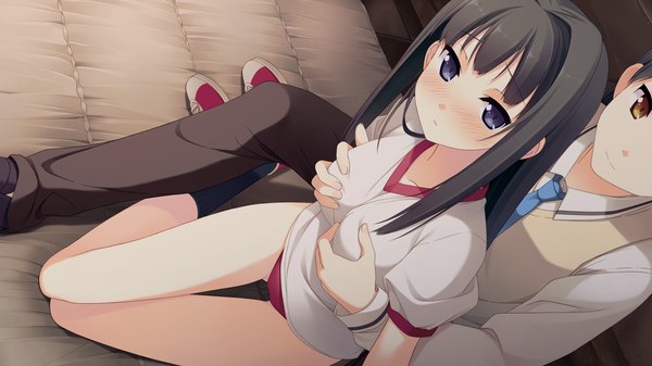 Anime picture 1920x1080 with your diary nagamine tomoki ayase sayuki kantoku long hair blush highres light erotic black hair wide image purple eyes yellow eyes game cg girl boy uniform gym uniform