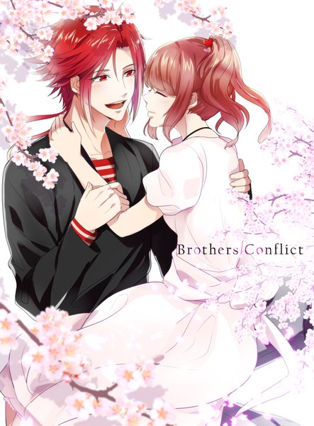 Anime picture 699x945 with brothers conflict idea factory ema (brothers conflict) asahina yusuke suzuhara (asparadise) long hair tall image fringe short hair open mouth smile red eyes brown hair white background ponytail red hair eyes closed profile copyright name couple