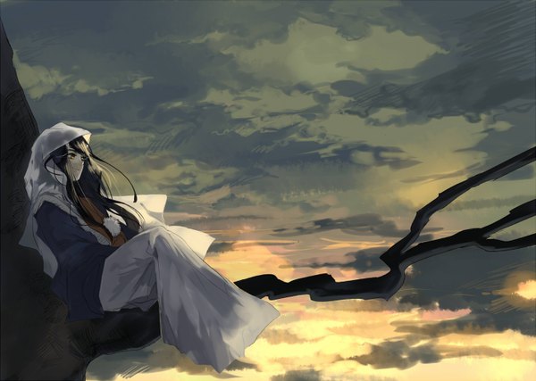 Anime picture 1430x1020 with original kyouichi single long hair fringe smile brown hair sitting brown eyes looking away sky wind girl branch