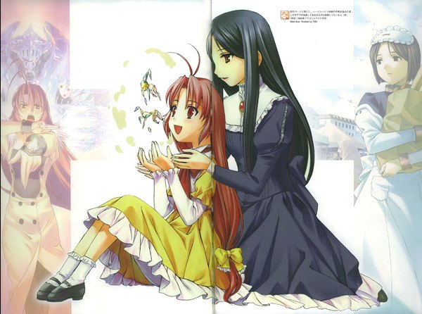 Anime picture 1242x924 with chrono crusade gonzo satella harvenheit fiore (chrono crusade) long hair blush short hair open mouth black hair smile red eyes brown hair sitting multiple girls brown eyes ahoge bent knee (knees) :d scan multiview