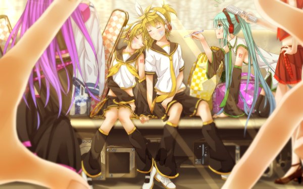 Anime picture 1440x900 with vocaloid hatsune miku megurine luka kagamine rin kagamine len meiko swordsouls blonde hair wide image green eyes purple hair eyes closed green hair group sleeping girl detached sleeves headphones