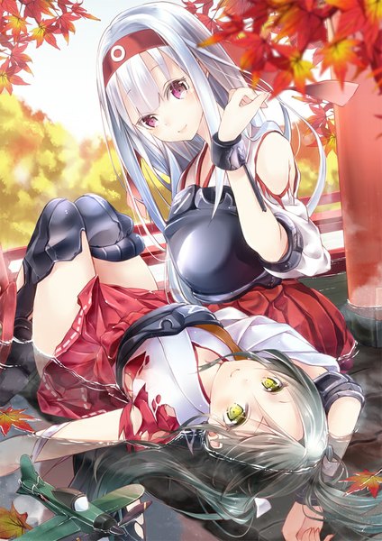 Anime picture 723x1023 with kantai collection shoukaku aircraft carrier zuikaku aircraft carrier 218 long hair tall image blush black hair smile purple eyes multiple girls yellow eyes silver hair traditional clothes girl 2 girls water hairband armor leaf (leaves)