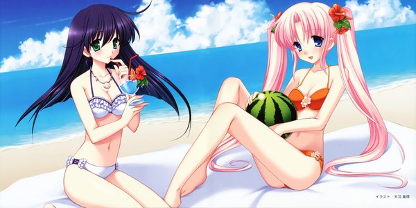 Anime picture 2825x1419 with amou mari highres wide image twintails swimsuit bikini white bikini red bikini