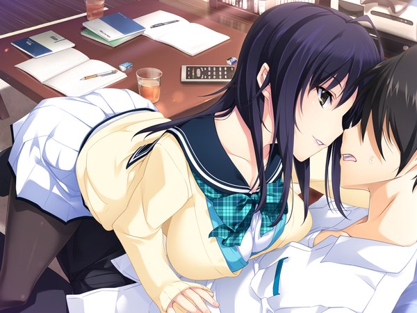 Anime picture 1024x768 with lovely x cation 2 hibiki works izumi wakoto iizuki tasuku long hair short hair light erotic black hair brown eyes game cg couple girl boy skirt uniform school uniform miniskirt