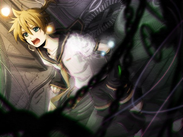 Anime picture 1280x960 with vocaloid kagamine len koyama rikako single fringe short hair open mouth blue eyes blonde hair hair between eyes ponytail sailor collar boy headphones headset