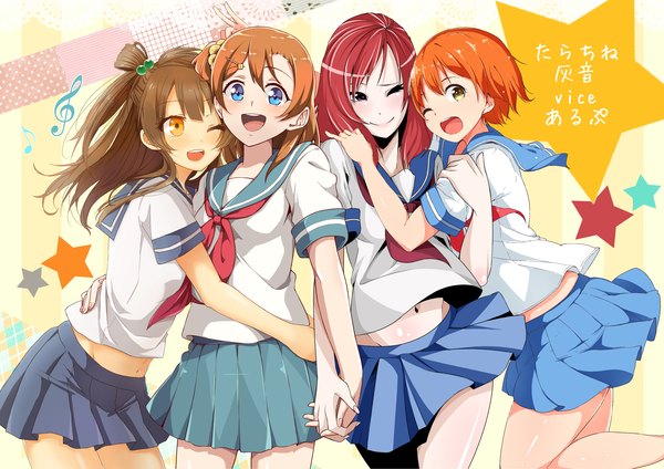 Anime picture 3541x2507 with love live! school idol project sunrise (studio) love live! nishikino maki minami kotori kousaka honoka hoshizora rin haine long hair blush highres short hair open mouth blue eyes smile brown hair multiple girls brown eyes absurdres red hair