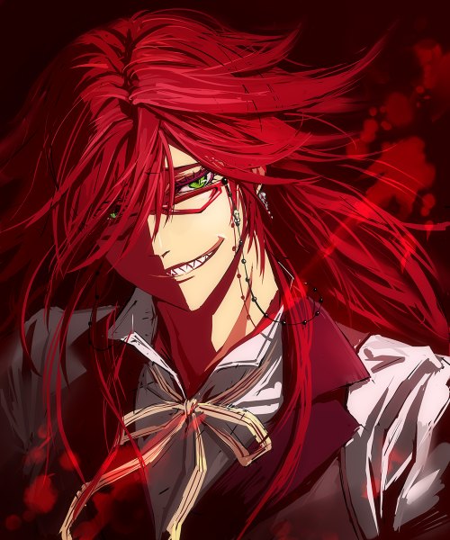 Anime picture 1000x1200 with kuroshitsuji a-1 pictures grell sutcliff michairu single long hair tall image fringe smile green eyes looking away red hair teeth crazy boy ribbon (ribbons) shirt glasses bowtie vest