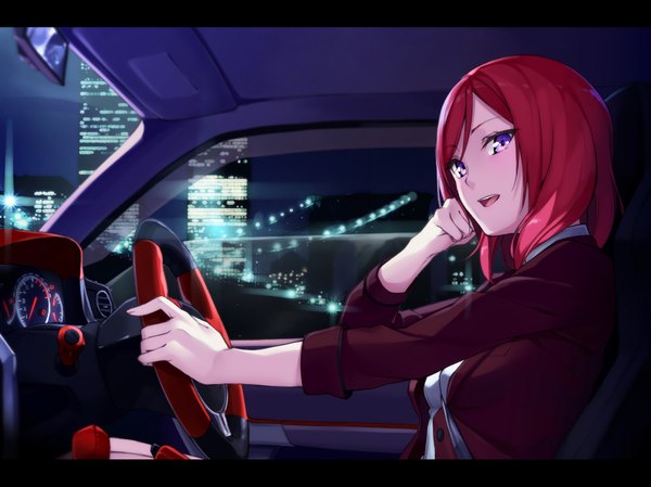 Anime picture 1639x1229 with love live! school idol project sunrise (studio) love live! nishikino maki ginopi single looking at viewer blush short hair open mouth smile purple eyes red hair night arm support city letterboxed city lights car interior driving
