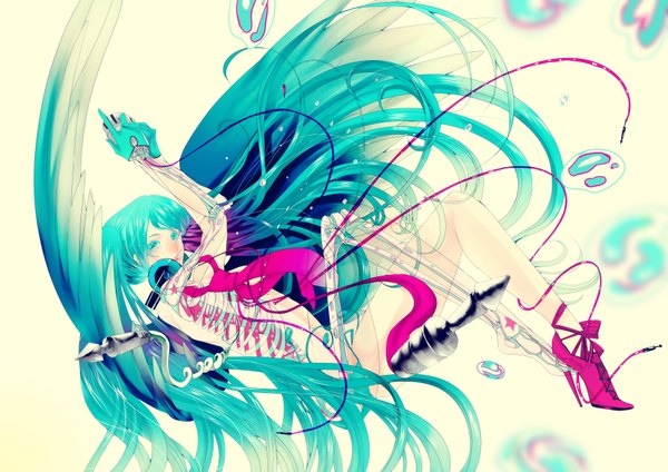 Anime picture 3541x2507 with vocaloid hatsune miku setsuji single long hair looking at viewer blush highres open mouth blue eyes simple background twintails blue hair absurdres barefoot high heels underwater angel wings yellow background skeleton
