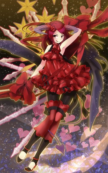 Anime picture 628x1000 with original plastick single long hair tall image looking at viewer smile brown eyes red hair tail horn (horns) girl dress bow heart