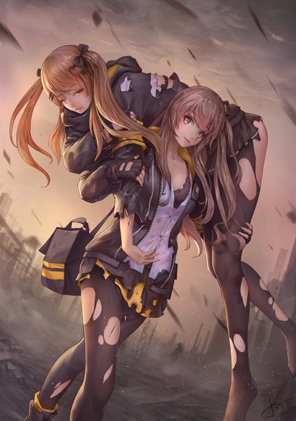 Anime picture 1166x1658 with girls frontline ump45 (girls frontline) ump9 (girls frontline) jay xu long hair tall image looking at viewer blush light erotic brown hair twintails multiple girls holding yellow eyes payot cleavage long sleeves pleated skirt one eye closed lips
