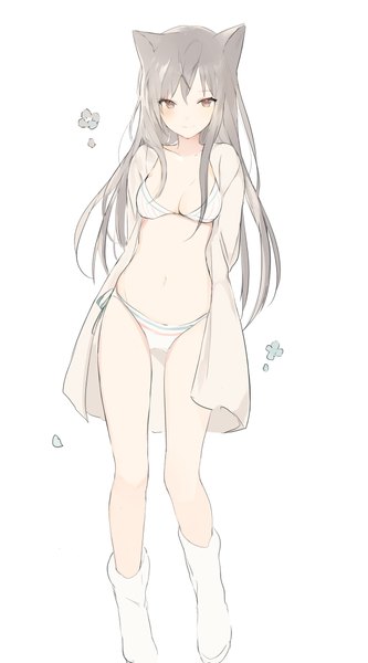 Anime picture 611x1101 with original lpip single long hair tall image looking at viewer blush breasts light erotic simple background standing white background brown eyes animal ears cleavage full body light smile grey hair cat ears cat girl