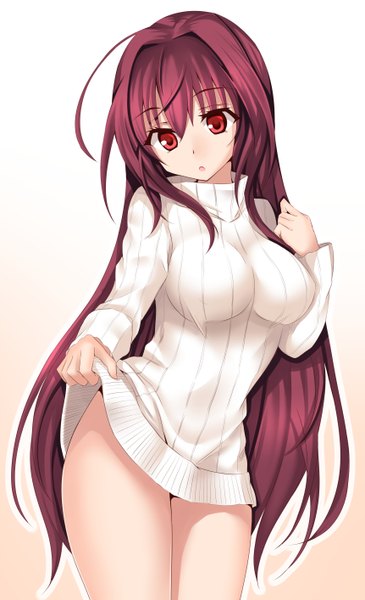 Anime picture 862x1414 with fate (series) fate/grand order scathach (fate) (all) scathach (fate) minato yoshihiro single tall image fringe breasts open mouth light erotic simple background hair between eyes red eyes large breasts ahoge red hair very long hair :o gradient background