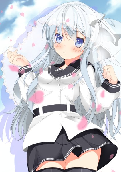 Anime picture 992x1403 with kantai collection hibiki destroyer verniy destroyer aruka (alka p1) single long hair tall image looking at viewer blush blue eyes blue hair sky cloud (clouds) girl skirt petals sailor suit