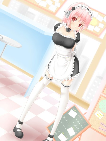 Anime picture 1034x1378 with nitroplus super sonico noppi (noppi 98) single tall image looking at viewer blush short hair smile red eyes pink hair maid girl thighhighs white thighhighs headdress headphones maid headdress