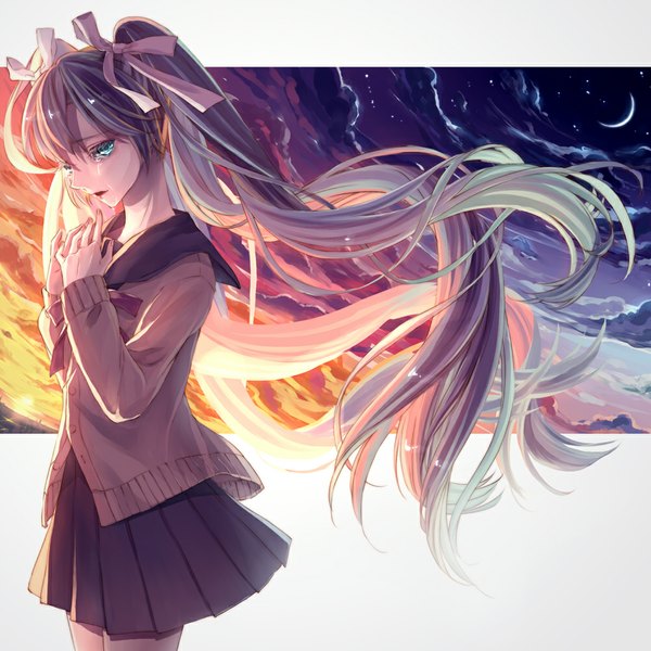 Anime picture 1000x1000 with vocaloid hatsune miku itsukihime single long hair looking at viewer open mouth standing twintails cloud (clouds) long sleeves pleated skirt aqua eyes sunlight aqua hair night night sky tears border crying