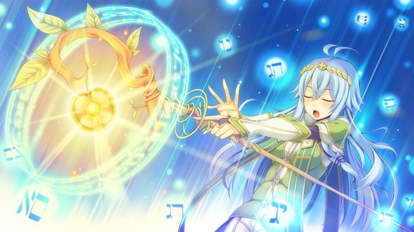 Anime picture 1280x720 with tentacle lord (game) tel-o single long hair blush open mouth wide image blue hair game cg eyes closed magic girl